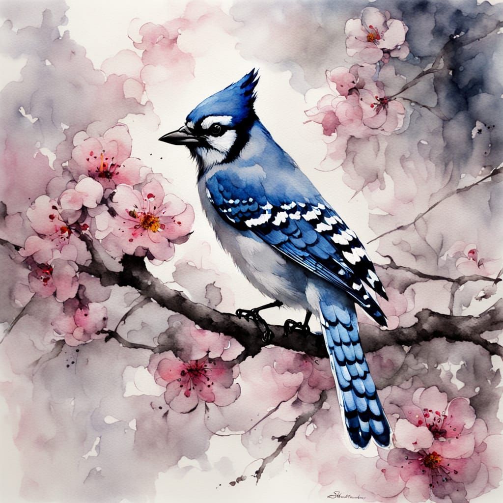 Blue Jay in Blossom Tree Watercolor Painting