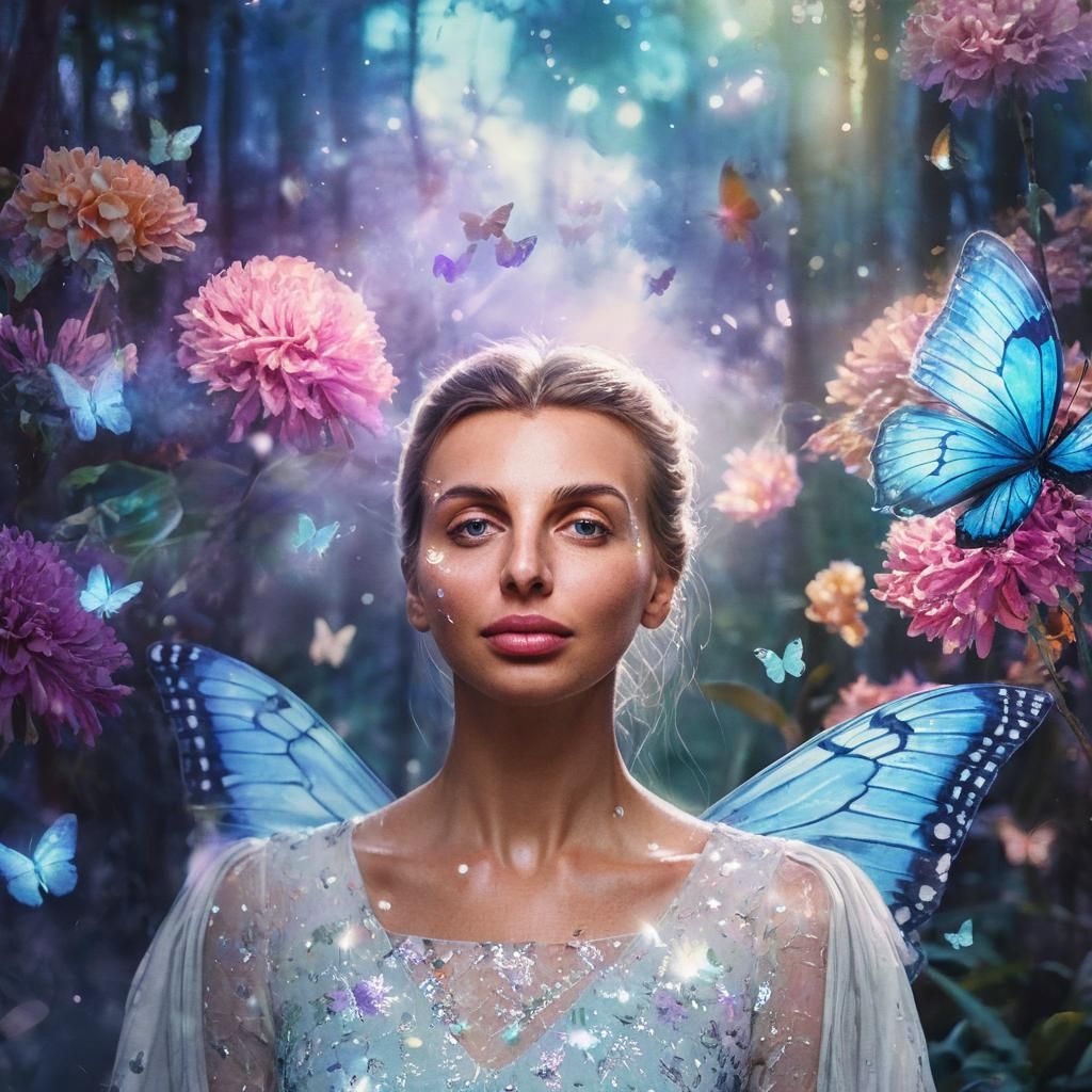 Enchanted Forest Portrait with Glowing Butterflies in Waterc...