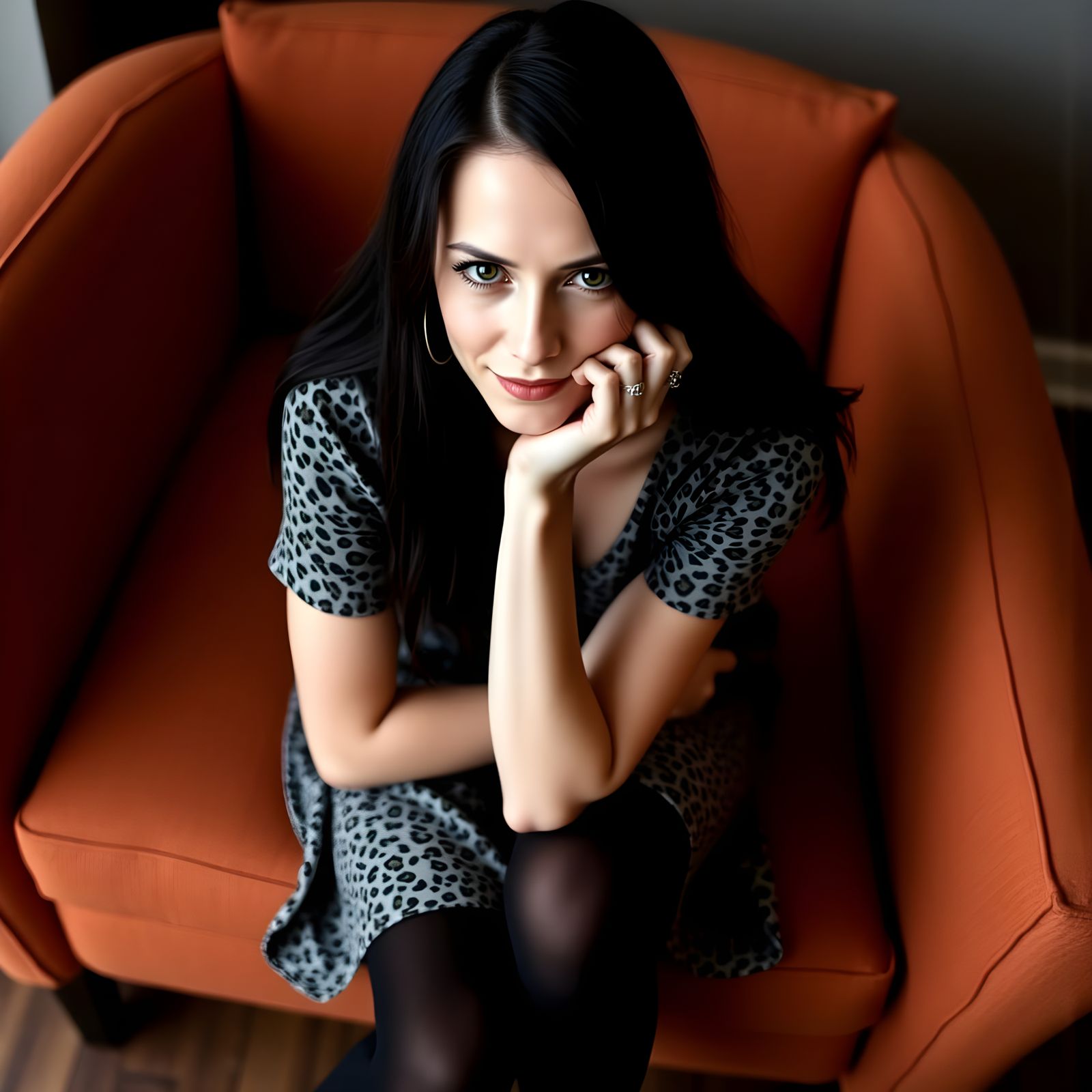 Sarcastic Woman on Orange Couch in Contemporary Portrait