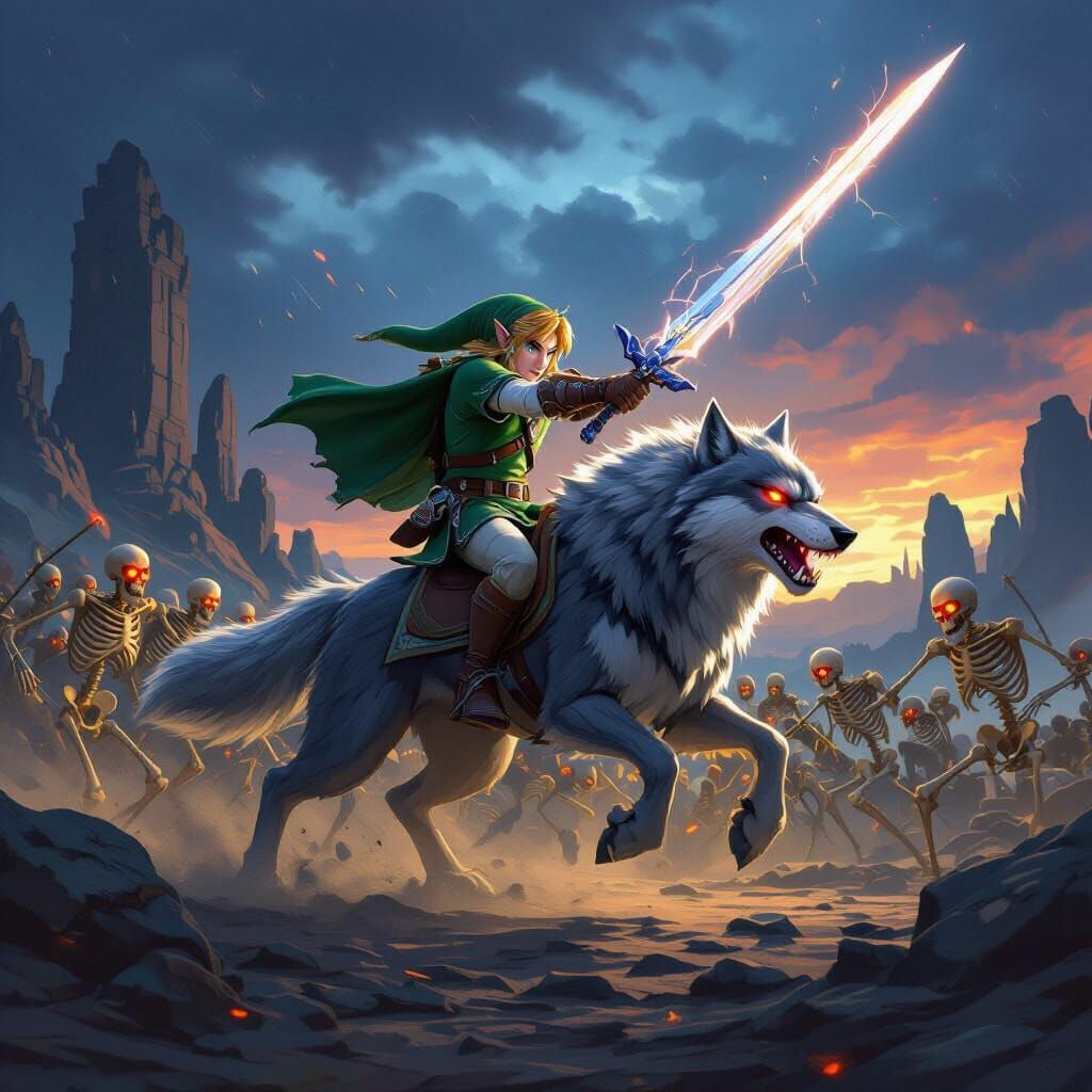 Heroic Warrior Battles Skeletons on Wolf Mount