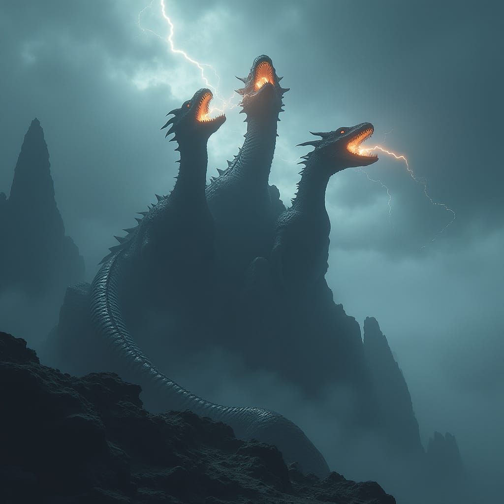 Colossal King Ghidorah Dominates Dark Fantasy Landscape