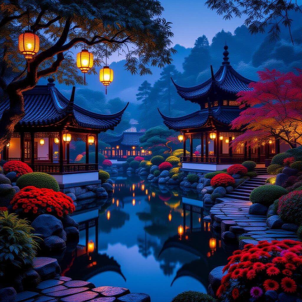 Magical East Asian Temple Garden at Night