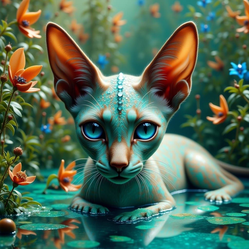 Kitschy Mosaic Sphinx Cat in Art Nouveau Style