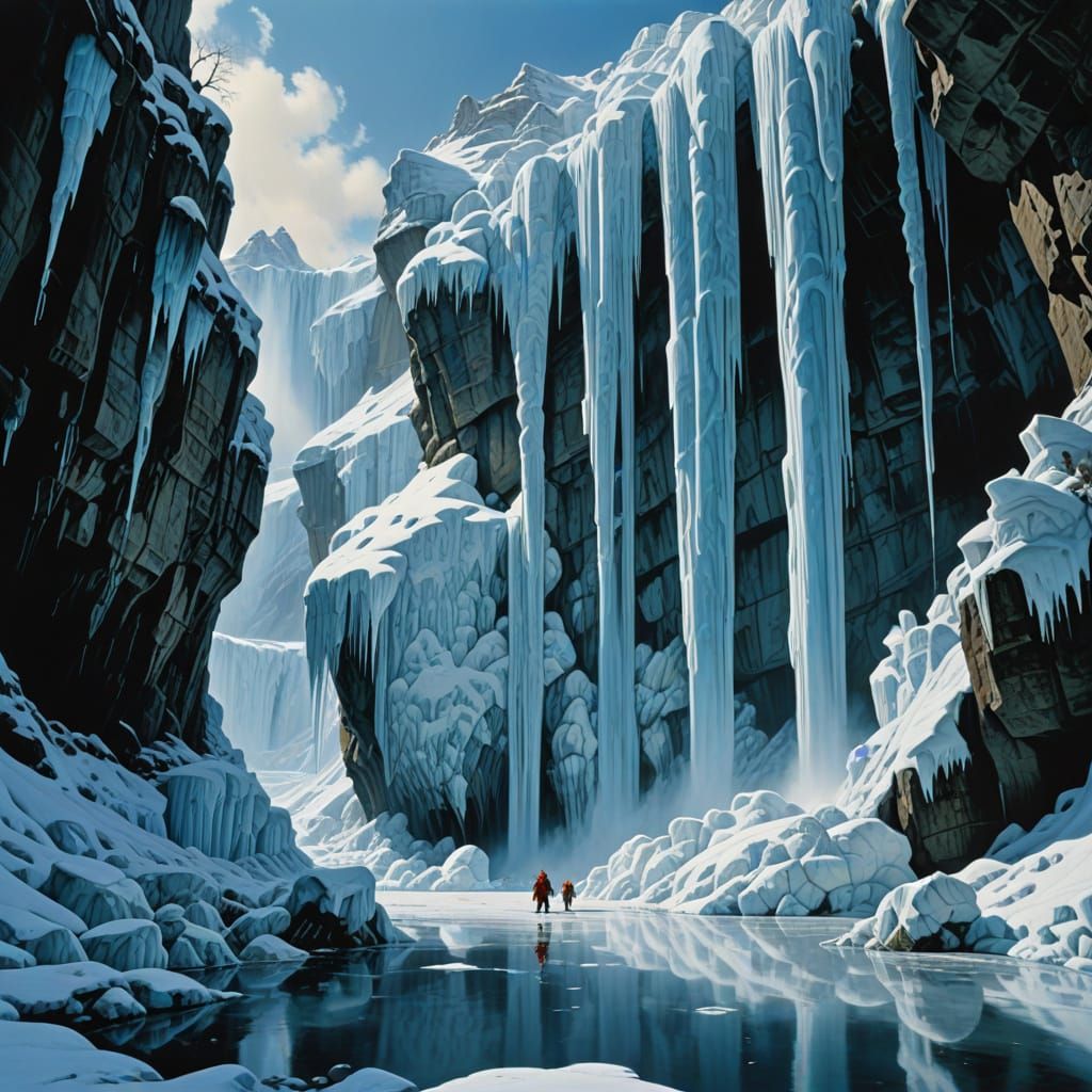 Surreal Ice Waterfall Landscape in Ethereal Blues