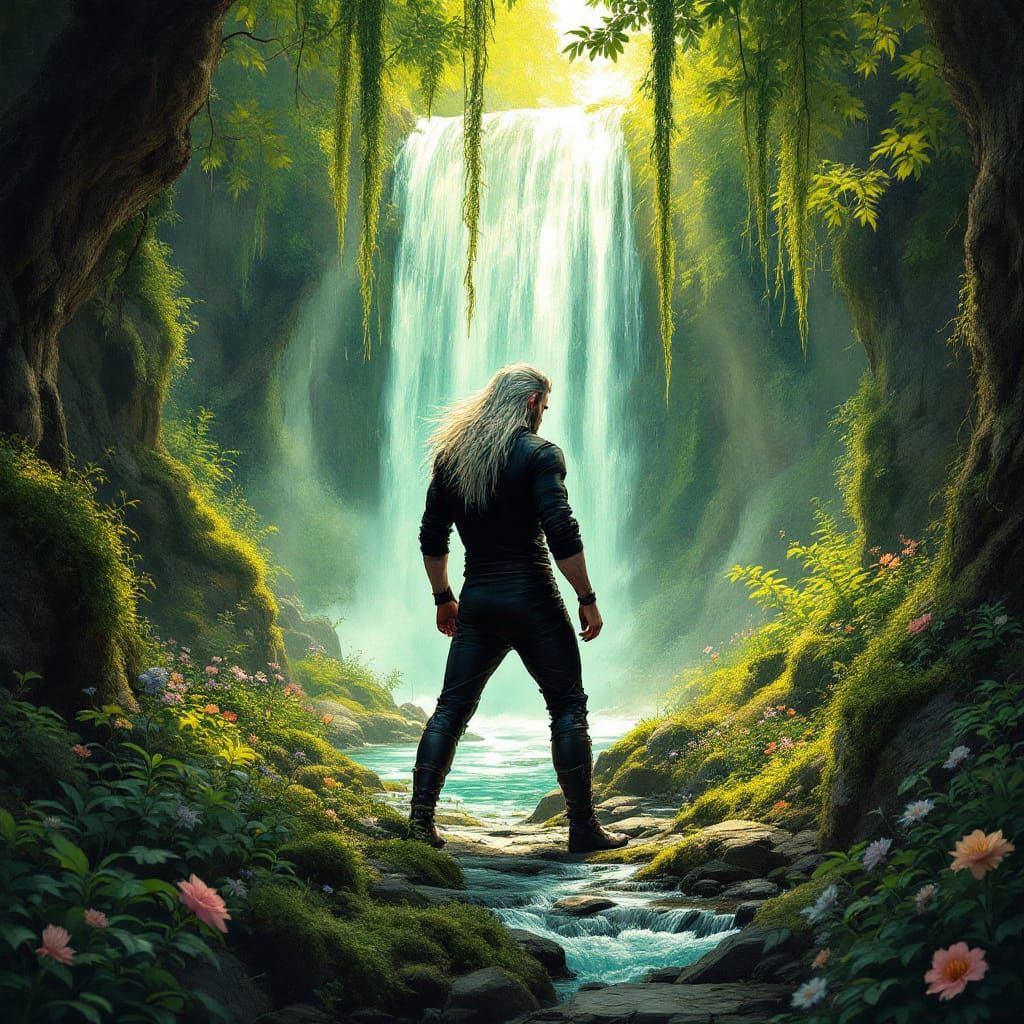 Geralt of Rivia, the Witcher, in Whimsical Forest Scene