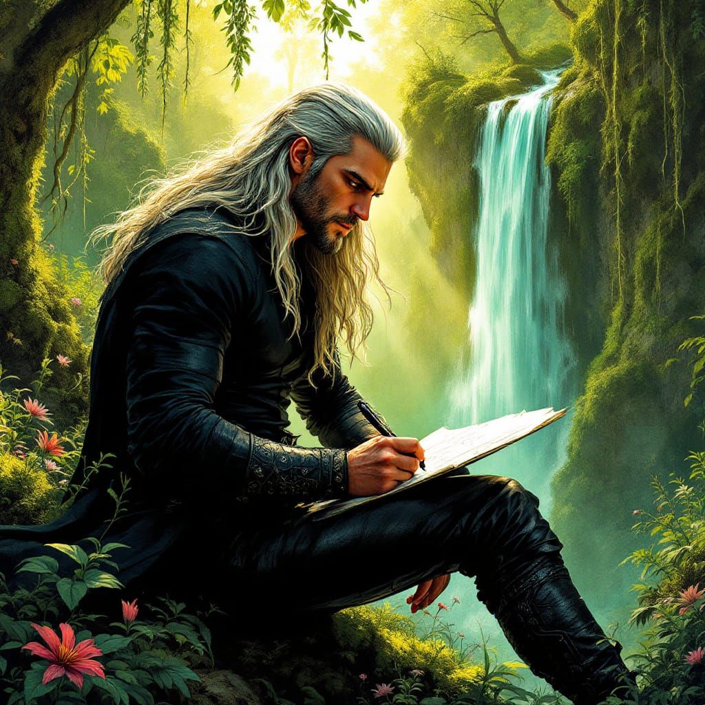 Fantasy Forest Illustration with Flowing Emerald Mist