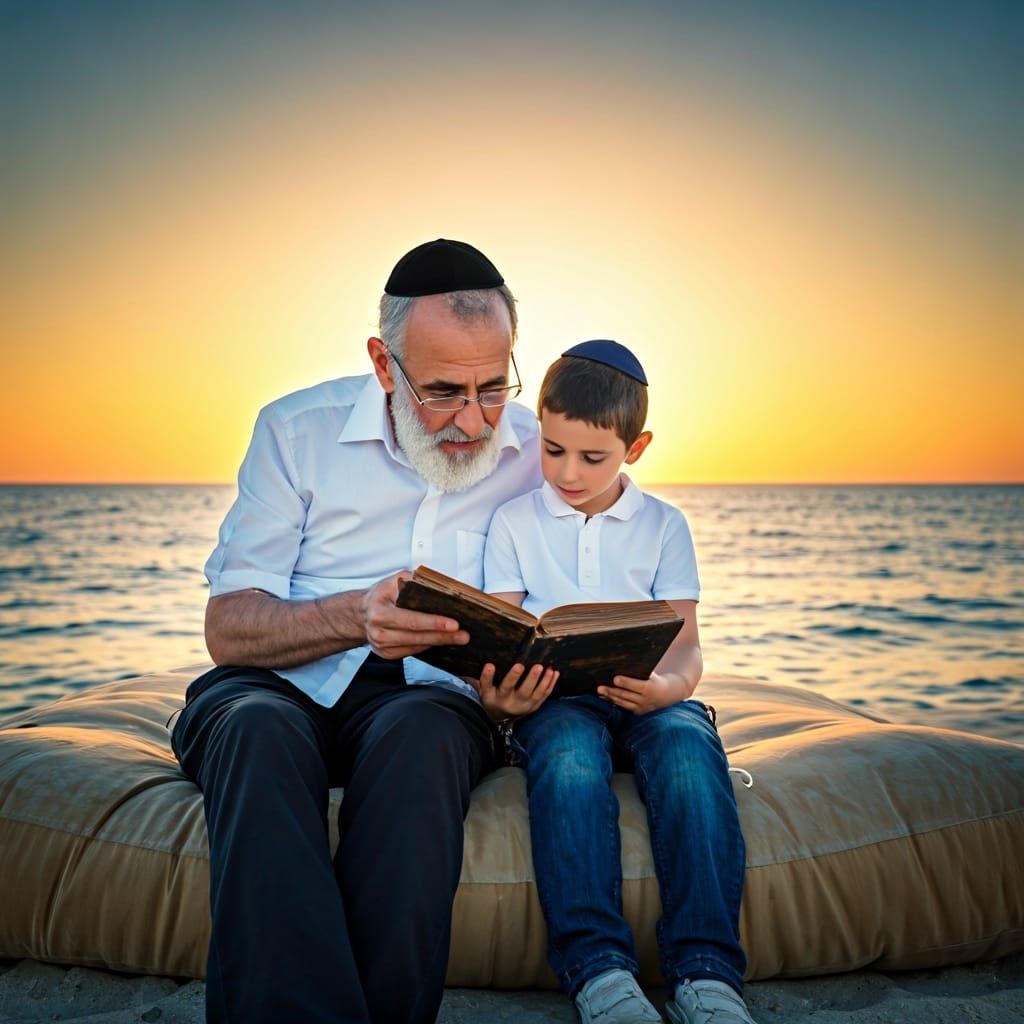 Grandfather and Grandson Reading at Sunset