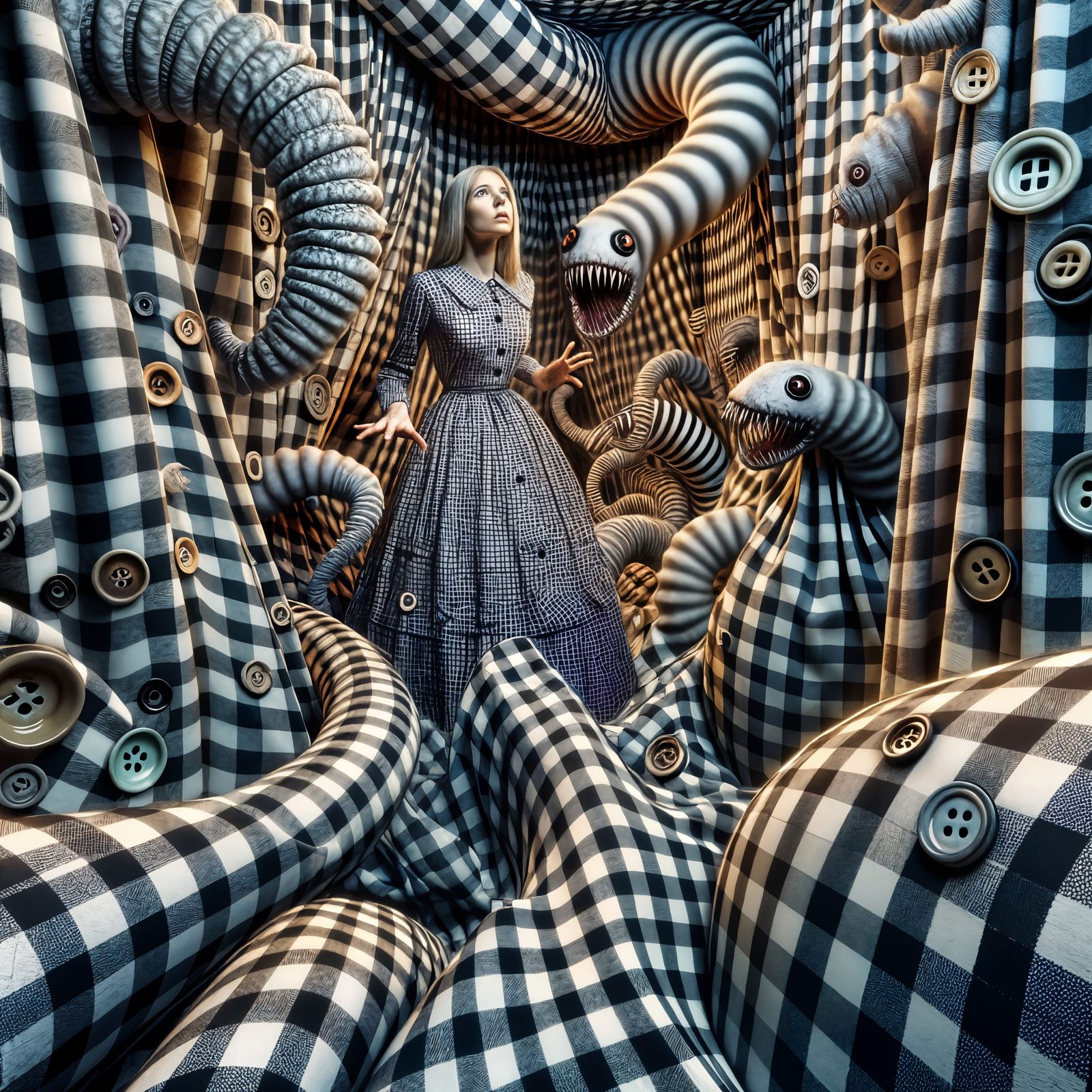 Gothic Surrealist Woman Trapped in Distorted Labyrinth