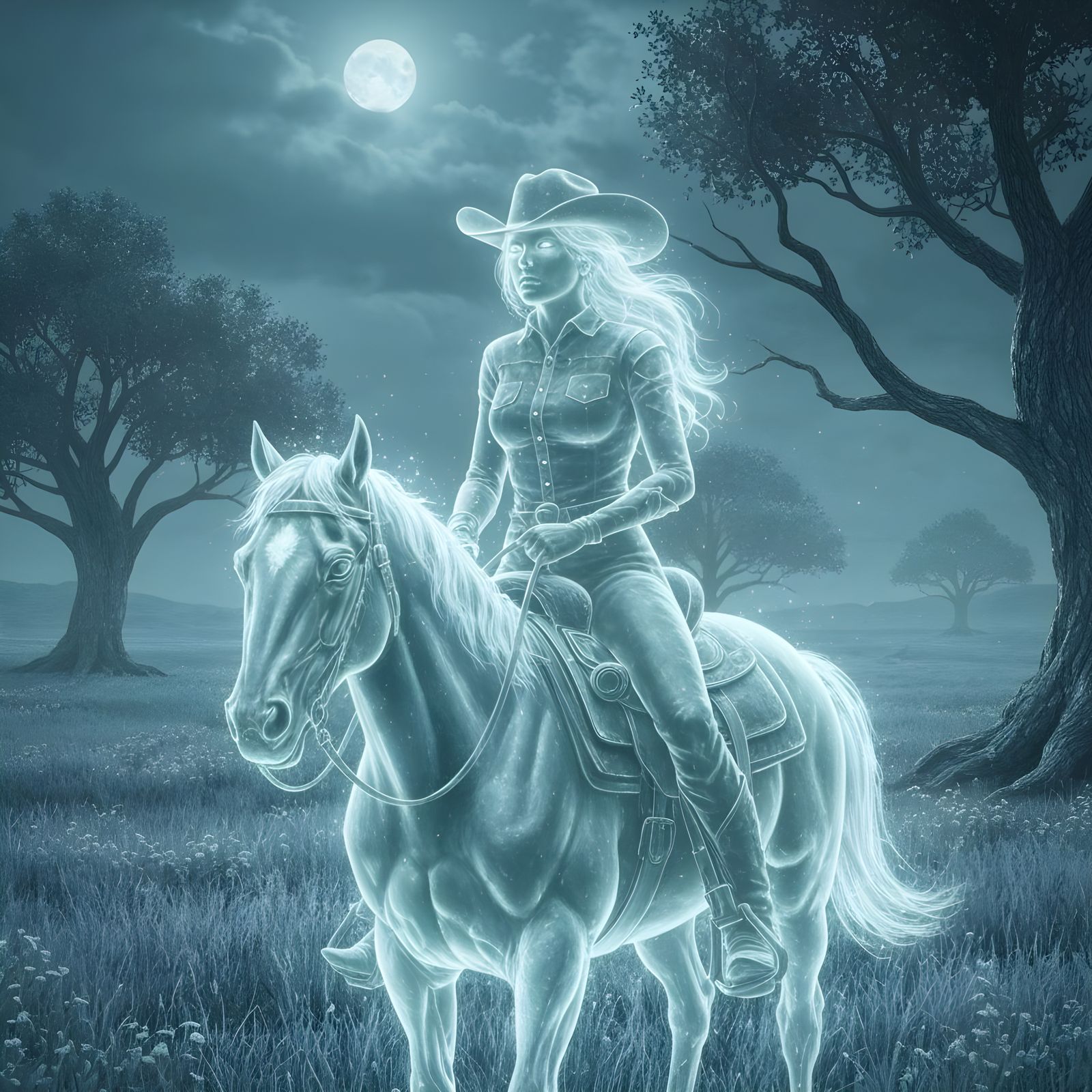 Spectral Cowgirl Spirit Rides Ghostly Steed on Moonlit Prair...