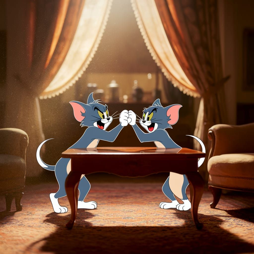 Tom and Jerry Arm Wrestle in Vintage Living Room Photo