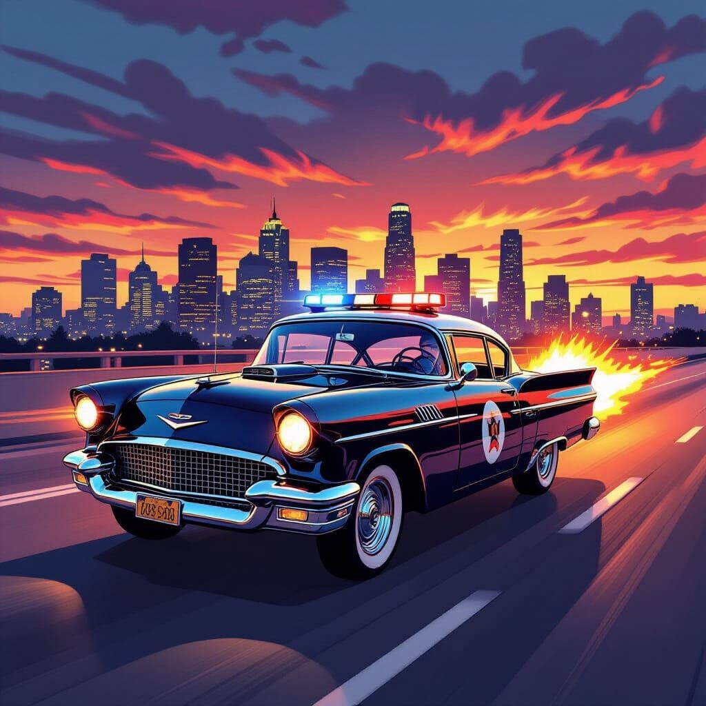 Hotrod Cop Car Pursues Missile in Comic Style