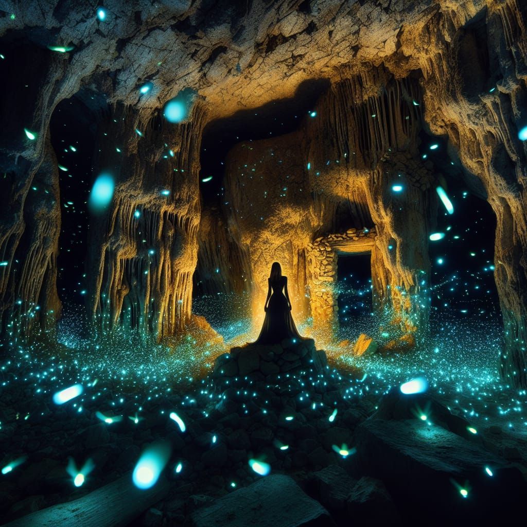 Enchanting Firefly Lair with Woman in Cave