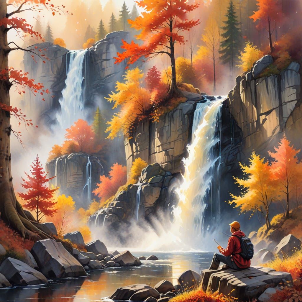 Autumn Waterfall Scene Watercolor Painting