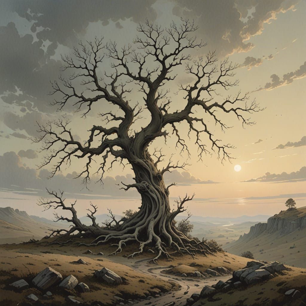 Desolate Landscape With Gnarled Tree Under Pale Sky