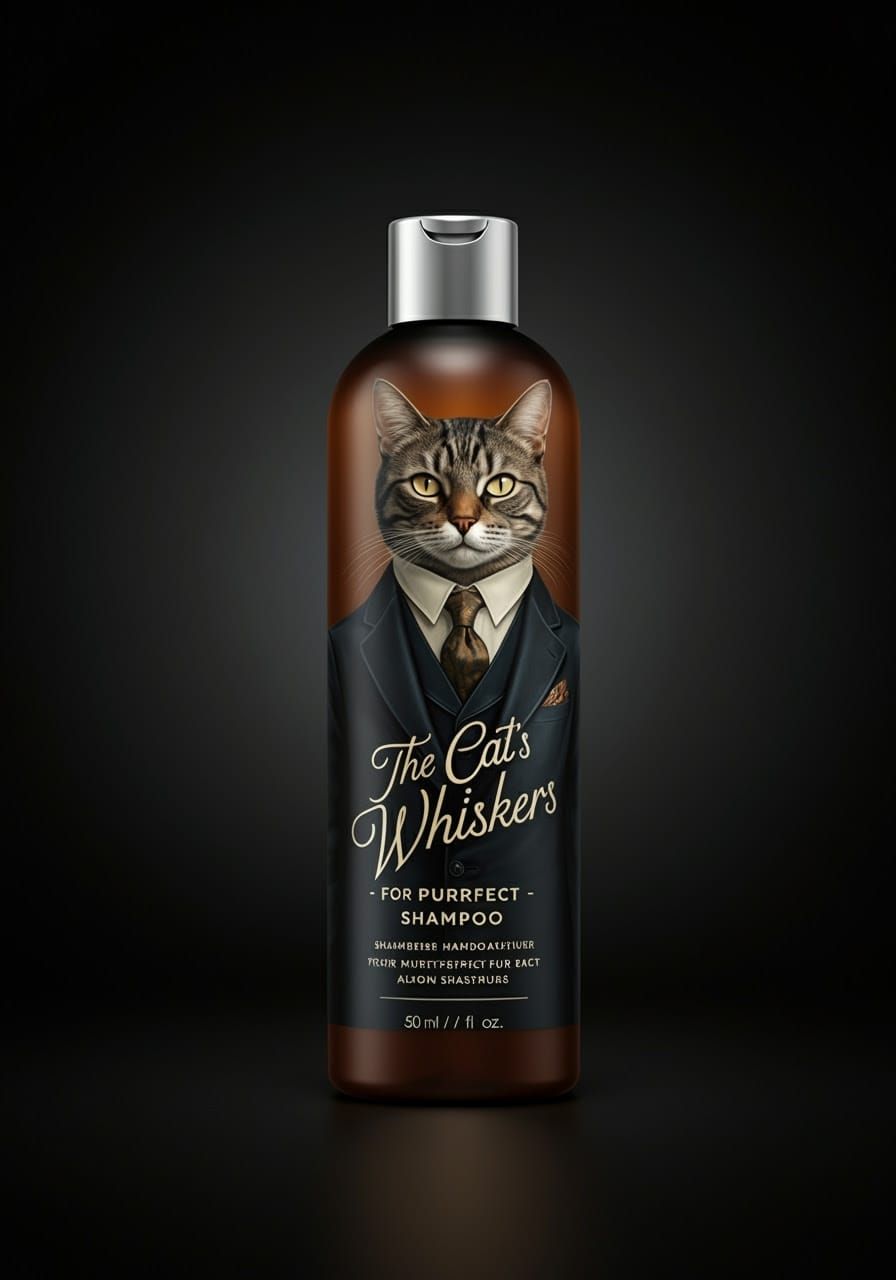 A bottle of shampoo showing an elegant anthropomorphic cat - lettering 'The Cat's Whiskers - For purrfect fur'