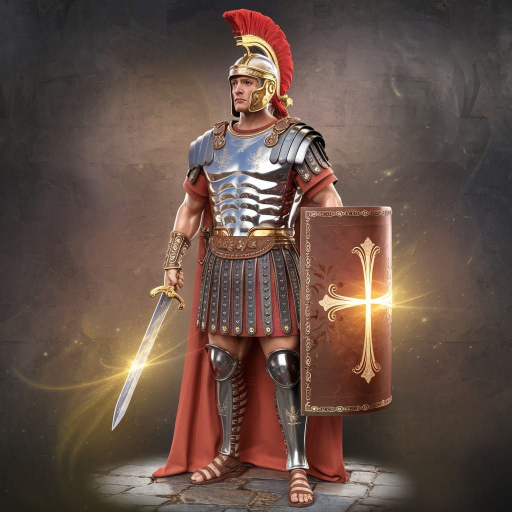 Roman Soldier in Polished Armor with Gold and Silver Engravi...