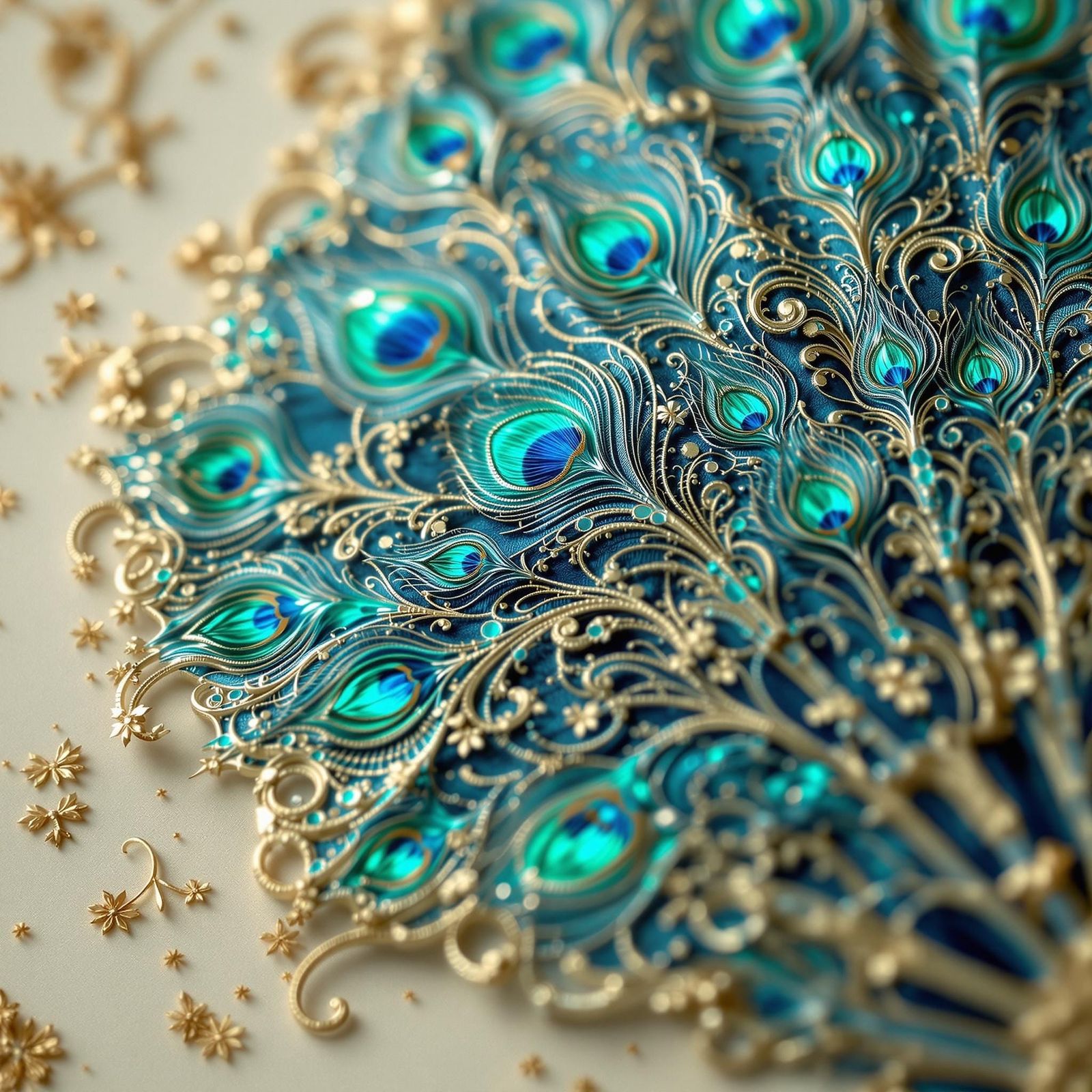 Intricate Victorian Peacock Fan in Iridescent Hues