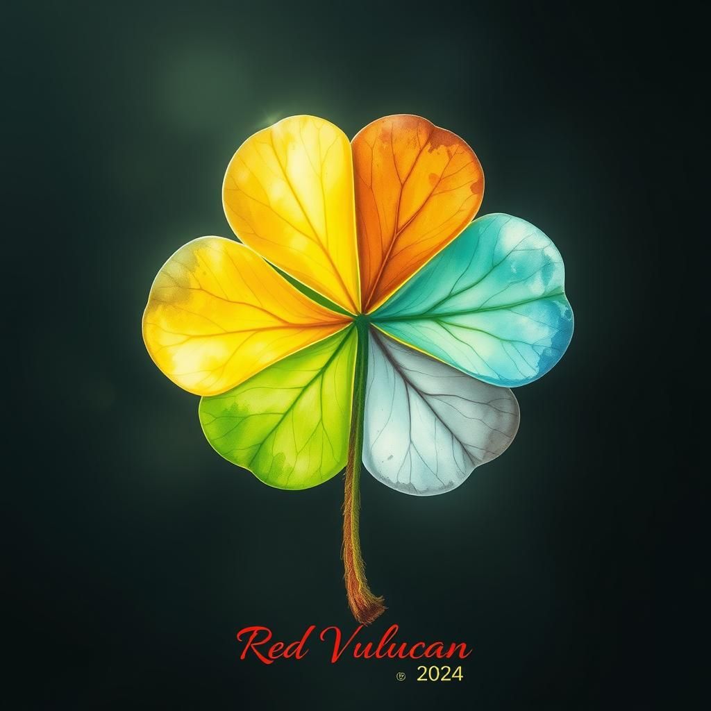 A gigantic clover leaf, intricately detailed and vibrant, wi...