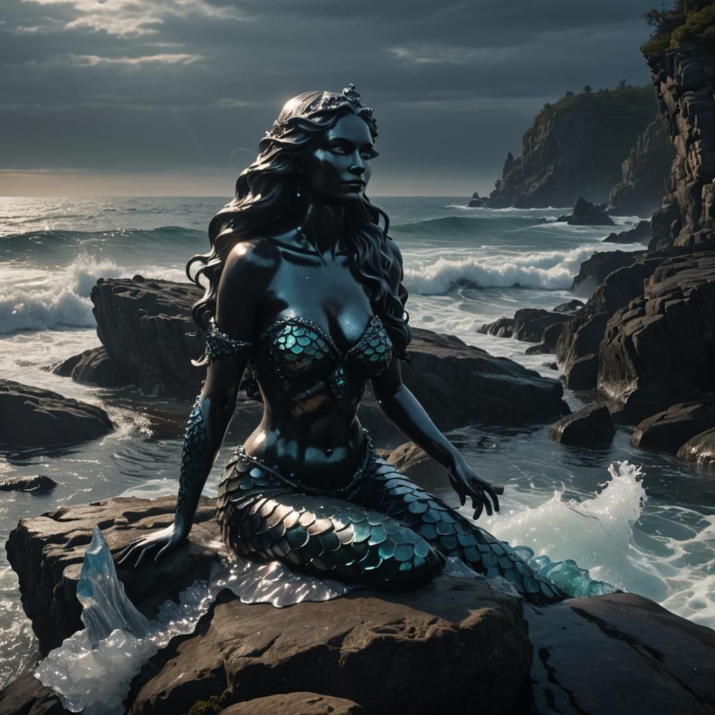 Crystal Mermaid Statue in Dark Fantasy Art