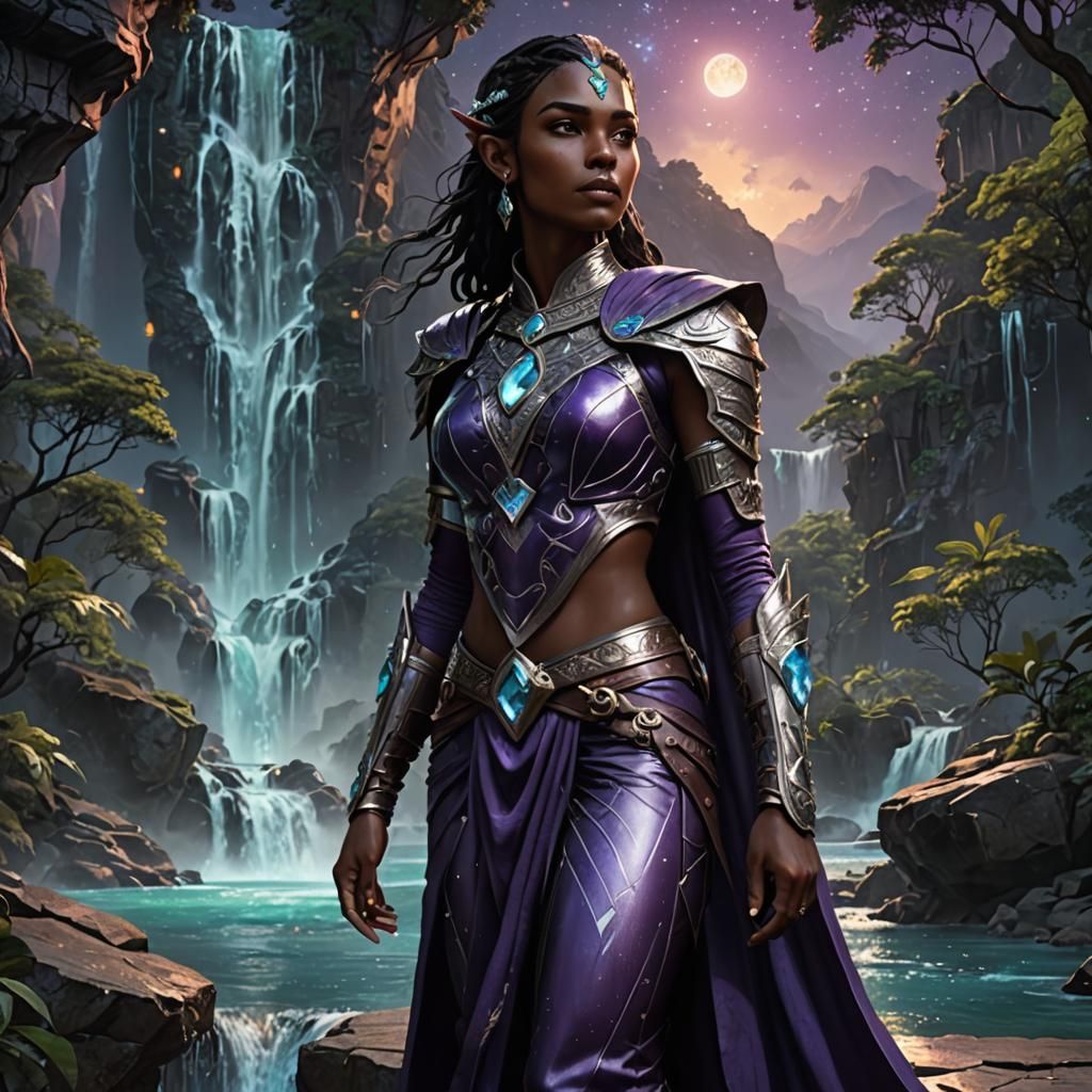Elven Guard by Tropical Waterfall in Fantasy Art
