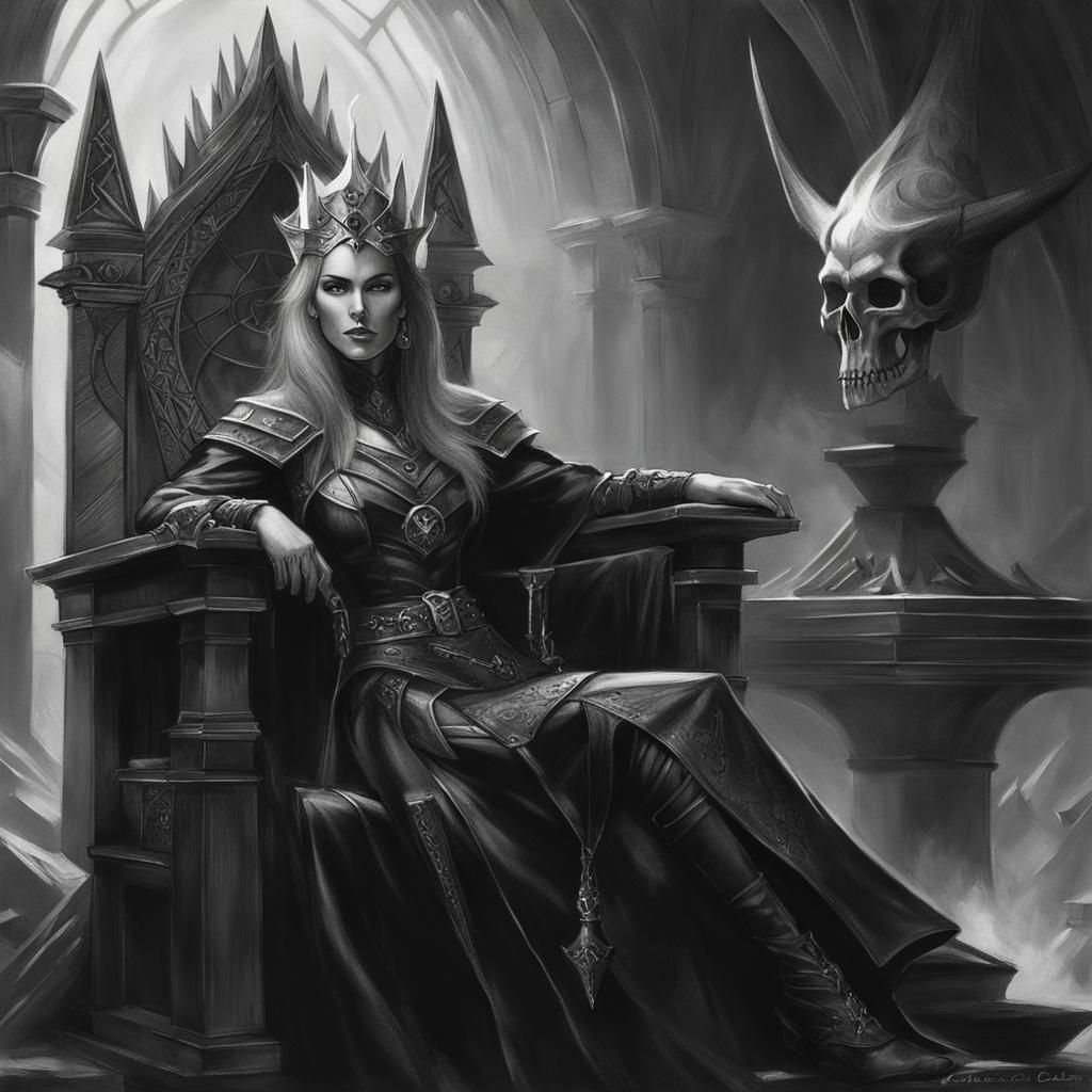 Witch Queen on Boneskull Throne: Fantasy Pencil Sketch