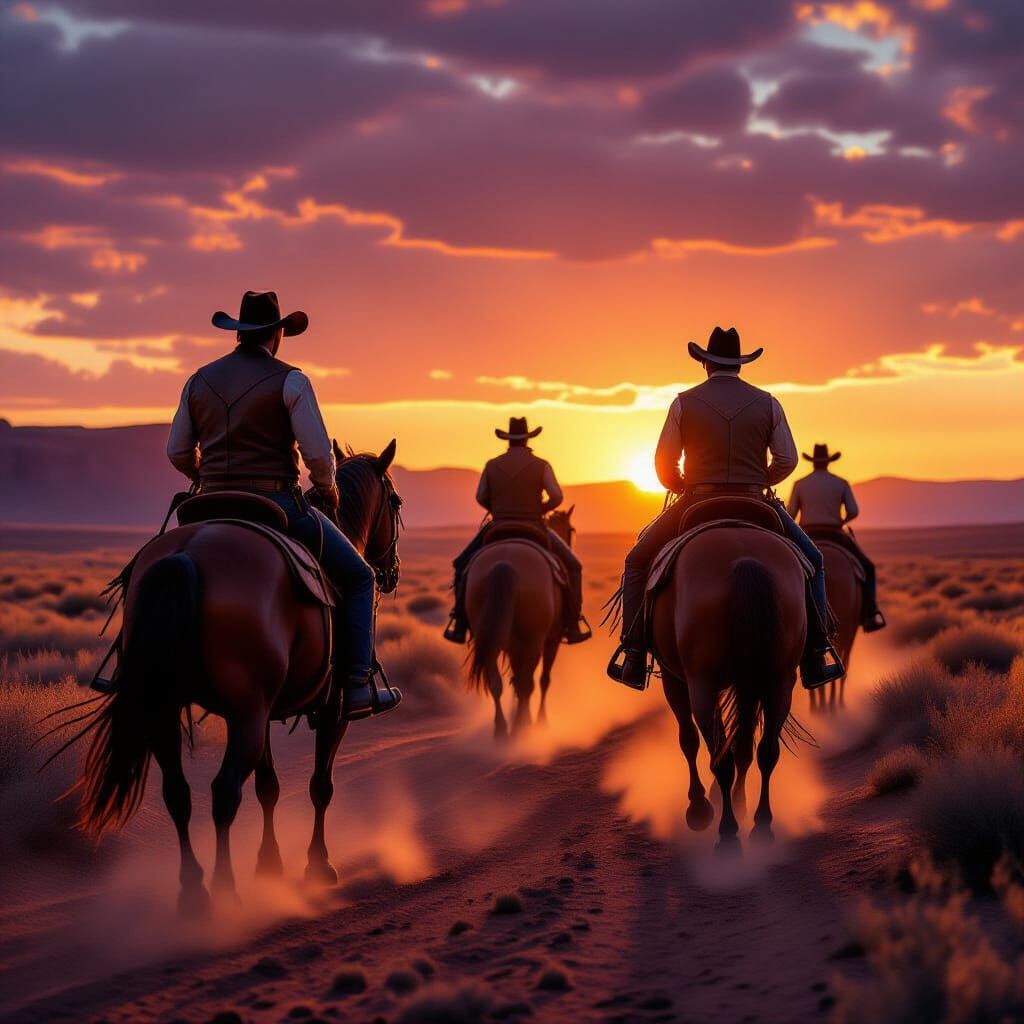 Cowboys Riding Horses at Dramatic Desert Sunset