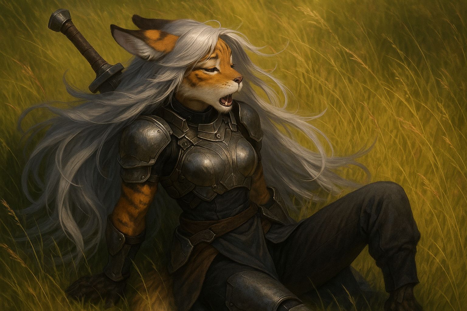 Futuristic Tigress Rabbit Fox Knight in Serene Meadow
