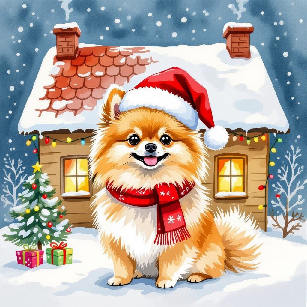 Pomeranian Dog in Santa Hat Watercolor Painting
