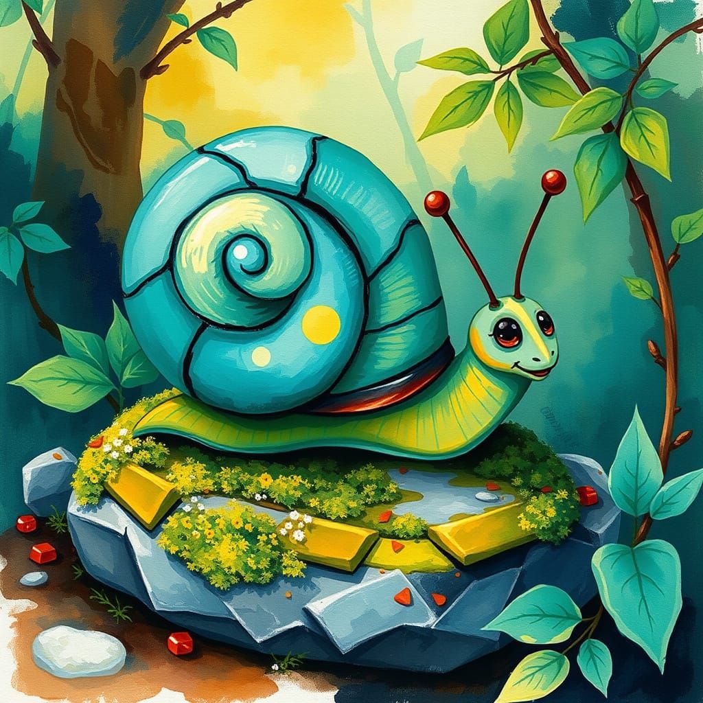 Whimsical Forest Snail in Dreamy Cubist Style