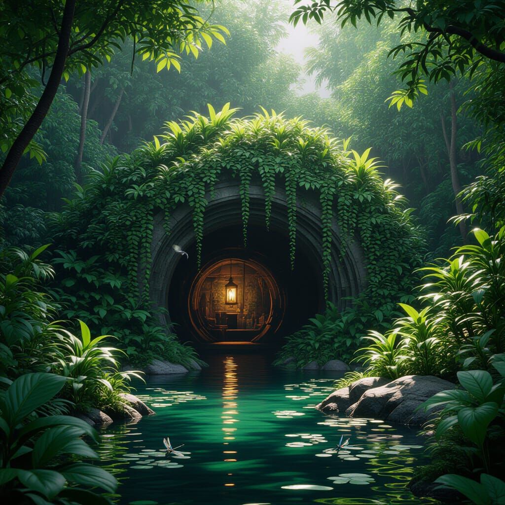 Hidden Grotto With Lush Vegetation and Dragonflies