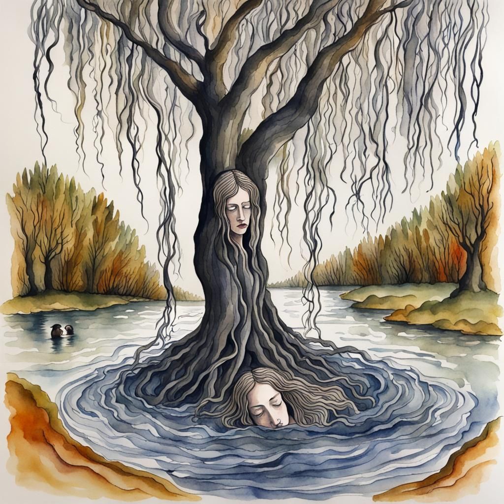 Drowning Head in Weeping Willow River: Watercolor Art