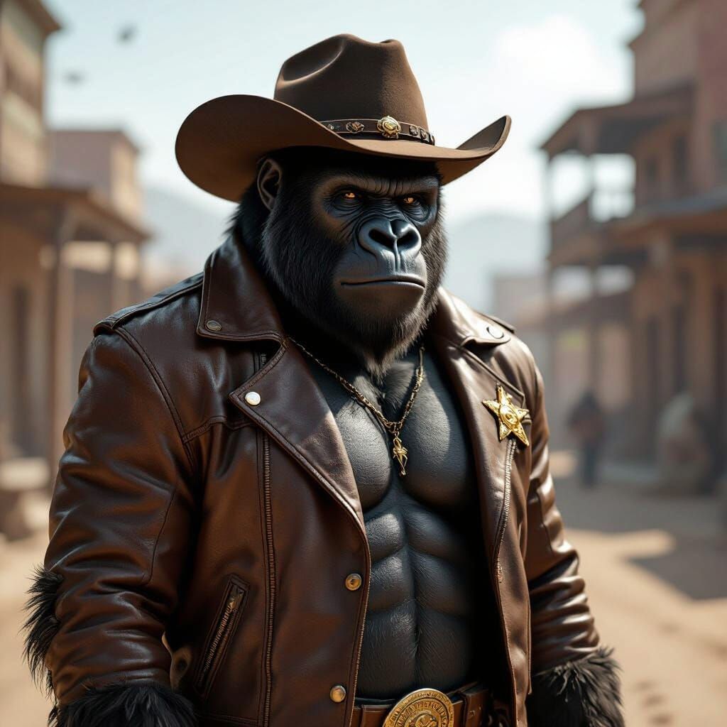 Western Gorilla Sheriff in Leather Jacket and Cowboy Hat