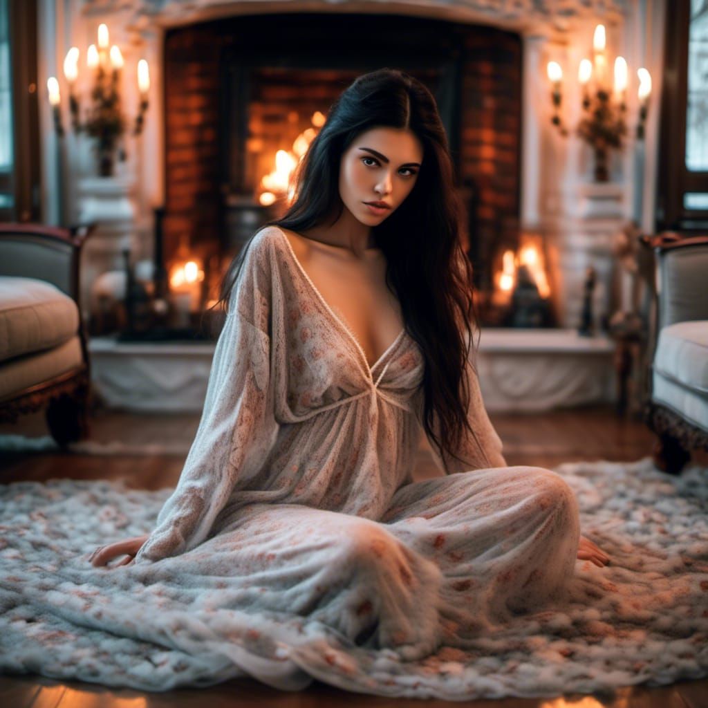 Elegant Dark-Haired Woman by Fireplace