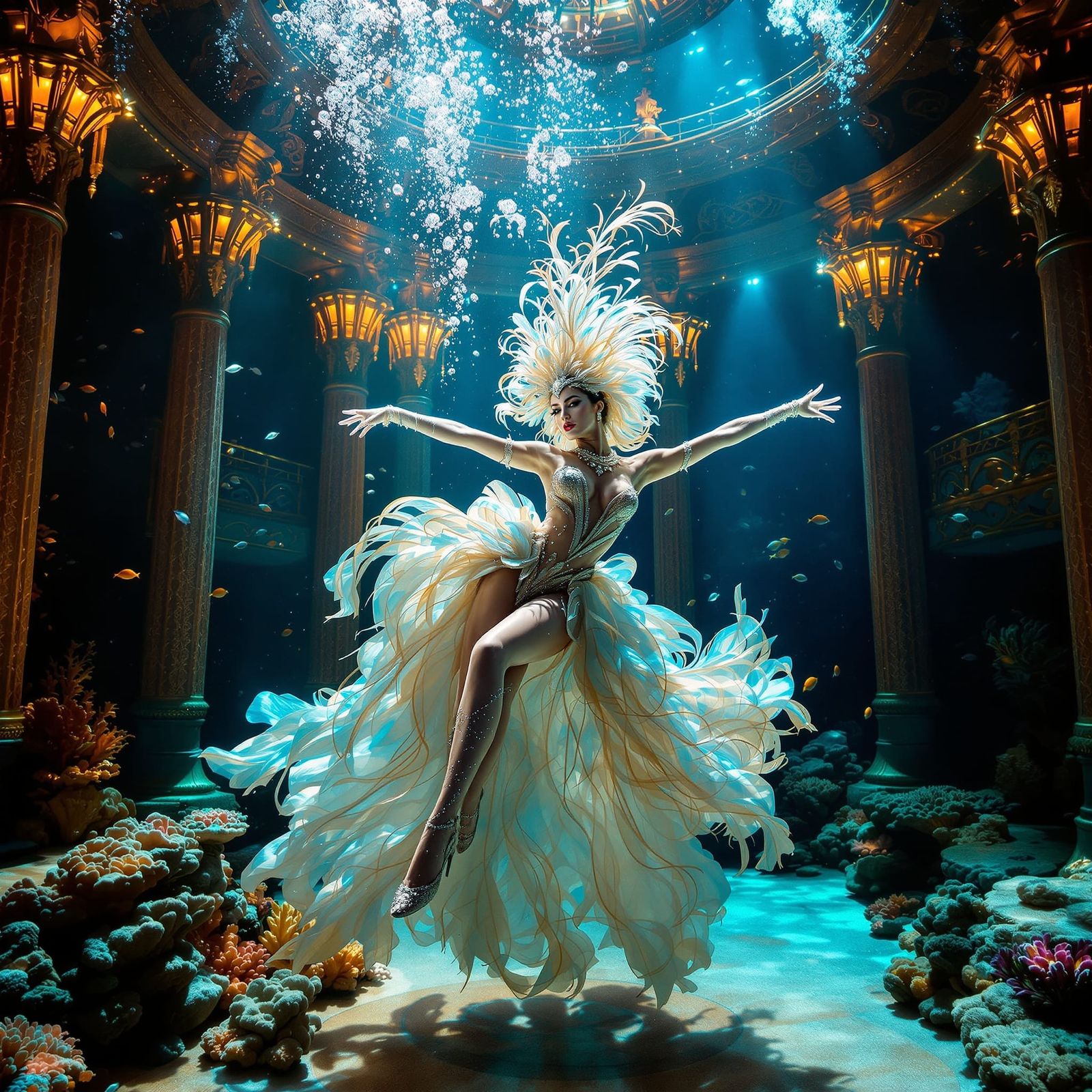 Ethereal Showgirl's Underwater Art Nouveau Performance