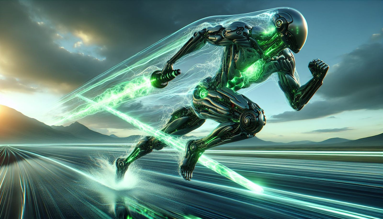 Futuristic Biomorphic Warrior Sprints Across Water