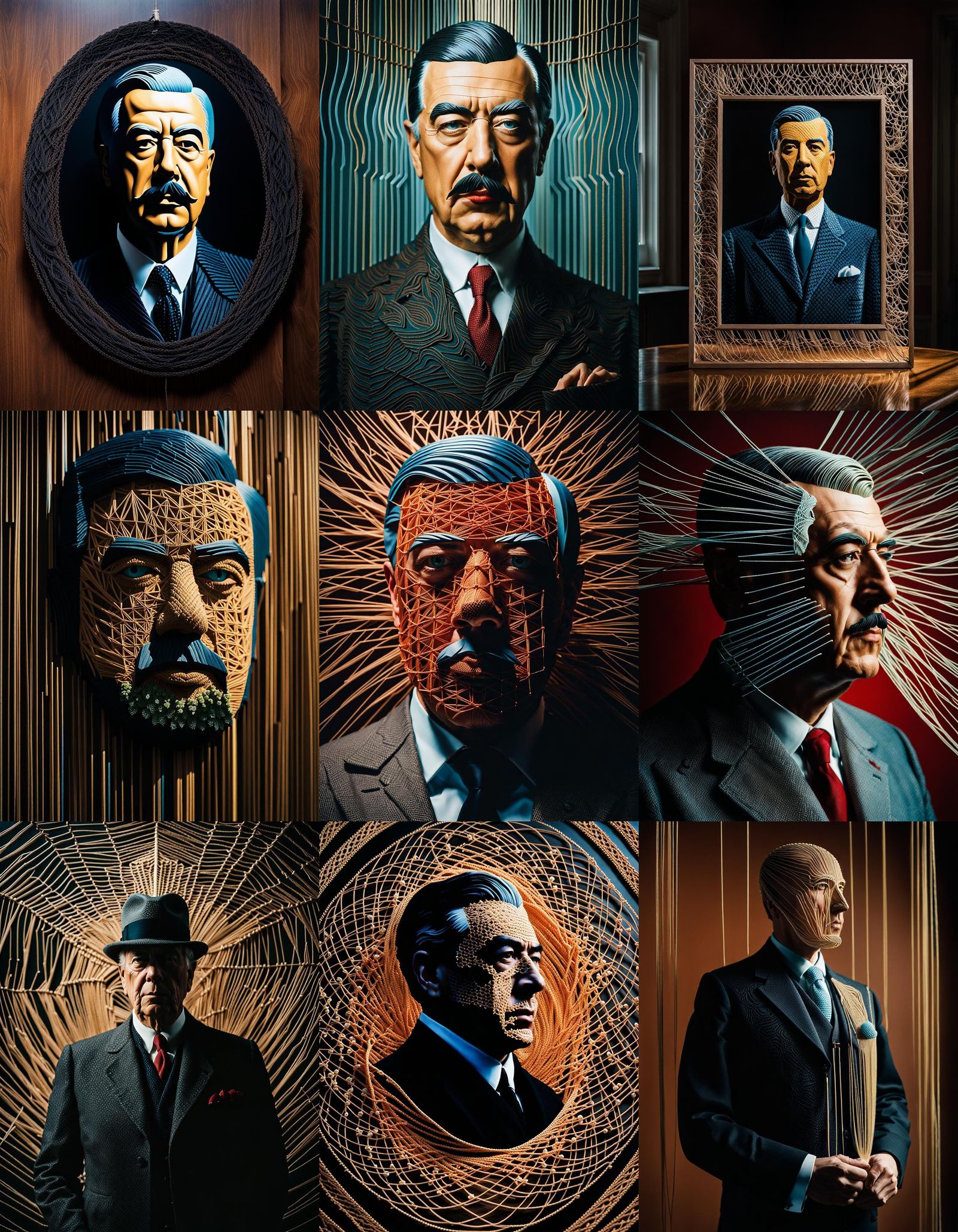 Intricate string art portrait if rene magritte by Ben Koracevic, nikon d850 Cinematic film still, shot on v-raptor XL, f...