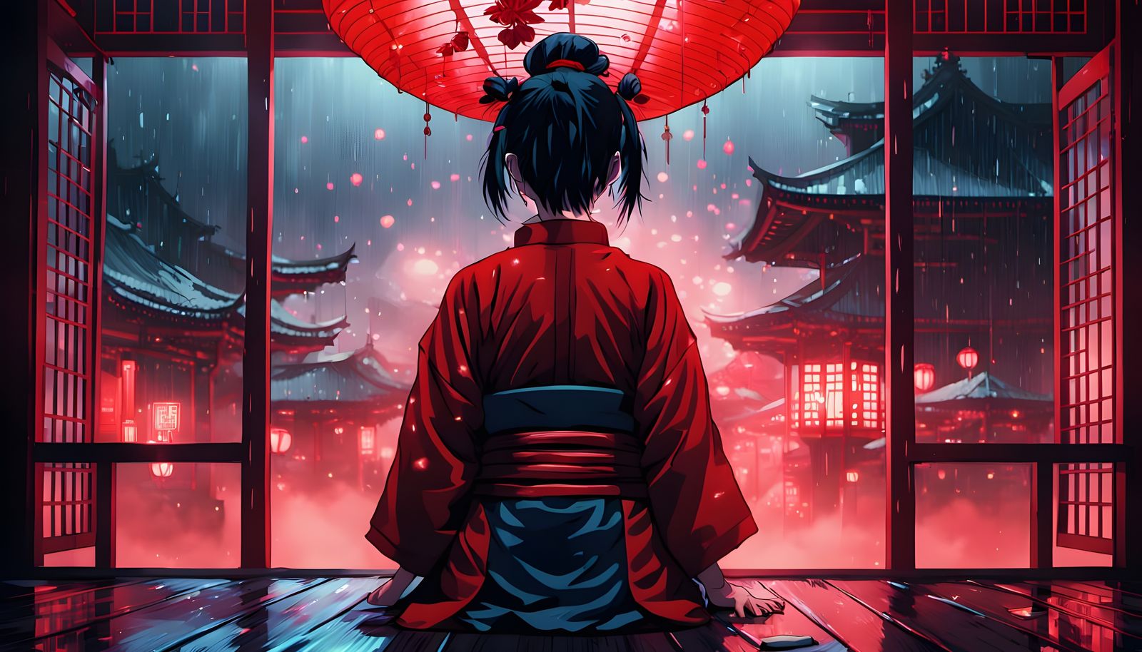 Neon Japanese Teahouse in Anime Style