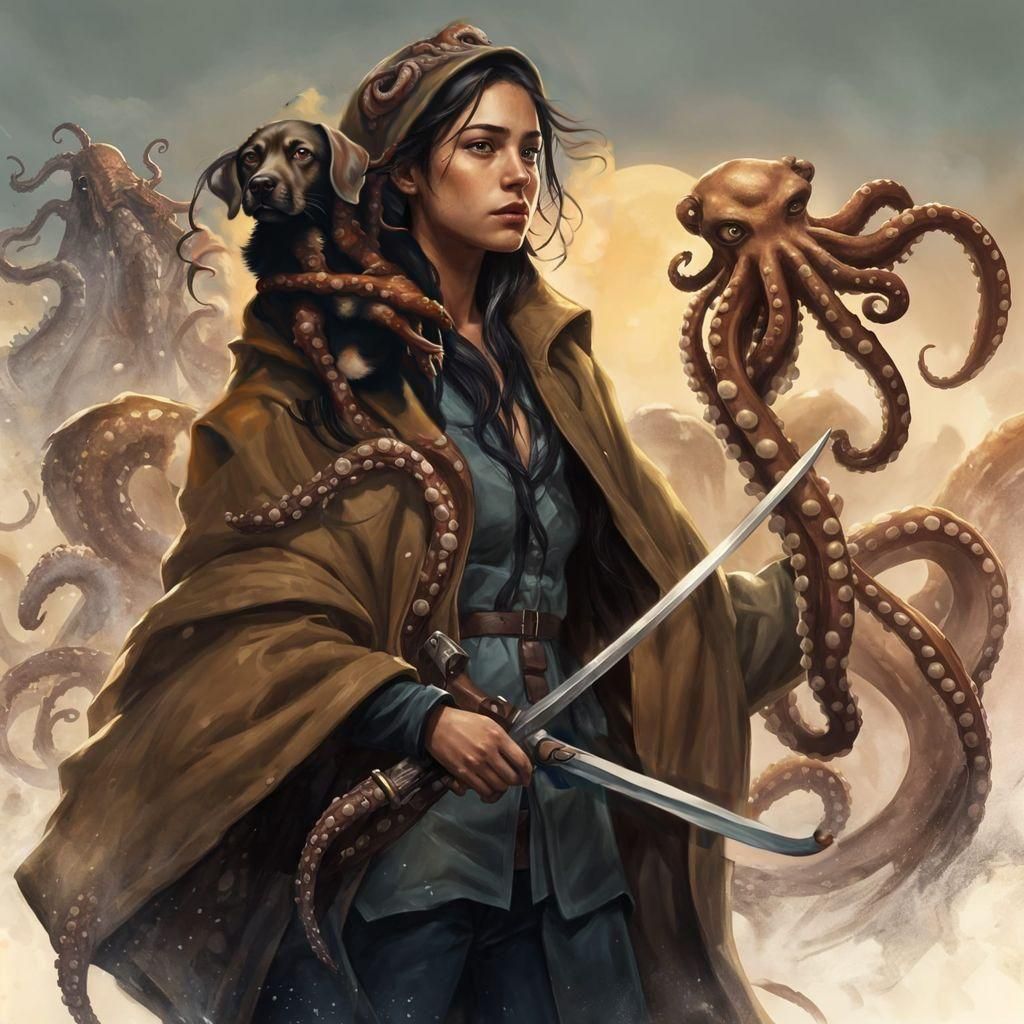 A Latina warrior girl with octopus tentacles on her head. Sh...