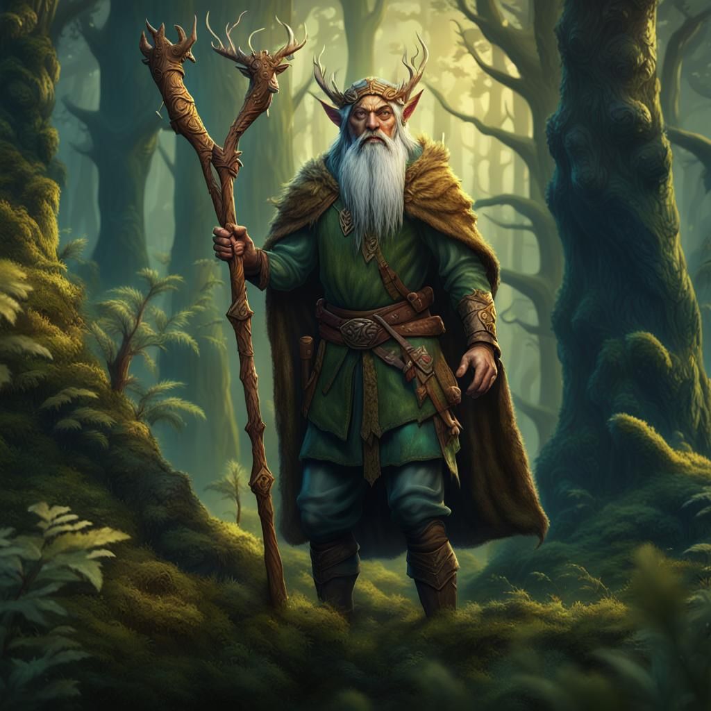 Half-Elf Druid with Forest Creatures: Fantasy Art