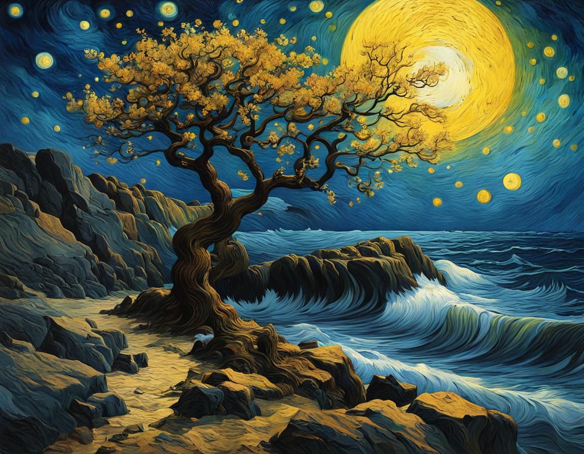 Gothic Oak Tree Seascape in Van Gogh Style