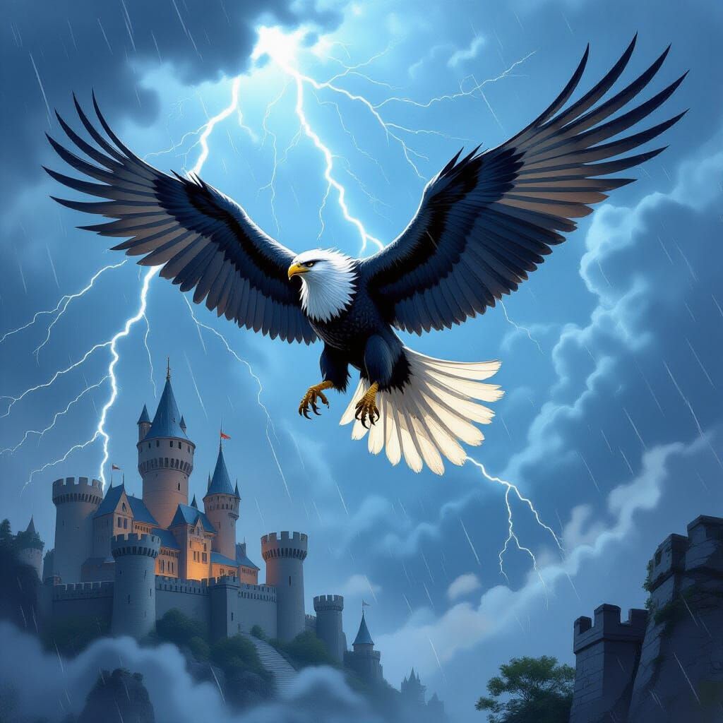 Majestic Griffin Soars Above Castle in Stormy Fantasy Art