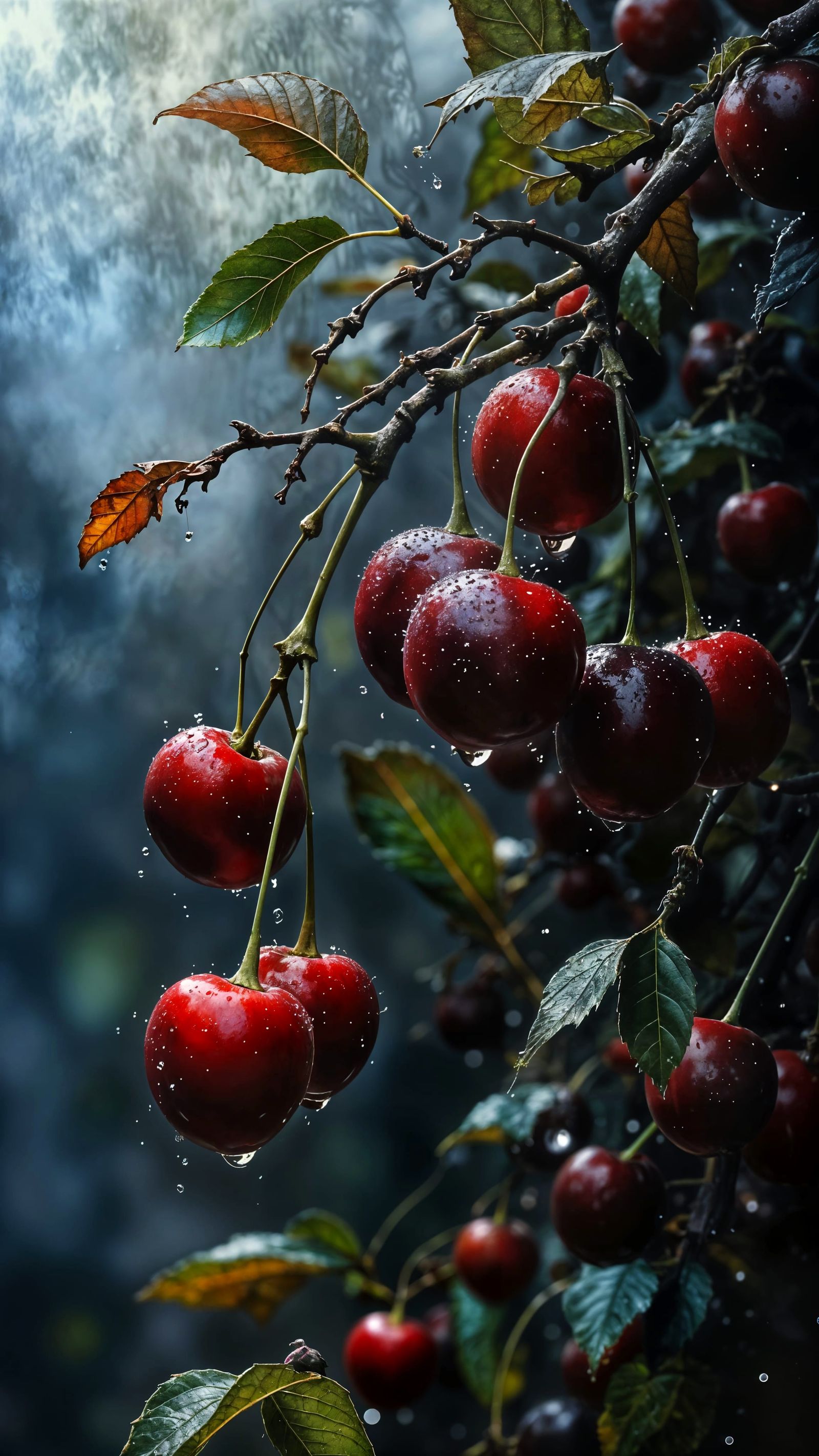 Rain-Kissed Black Cherries in Dark Oil Paint