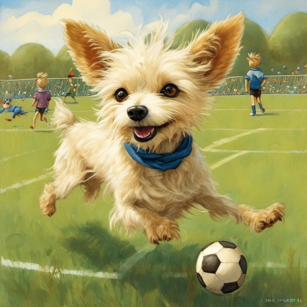 Dog Playing Soccer in Storybook Illustration Style