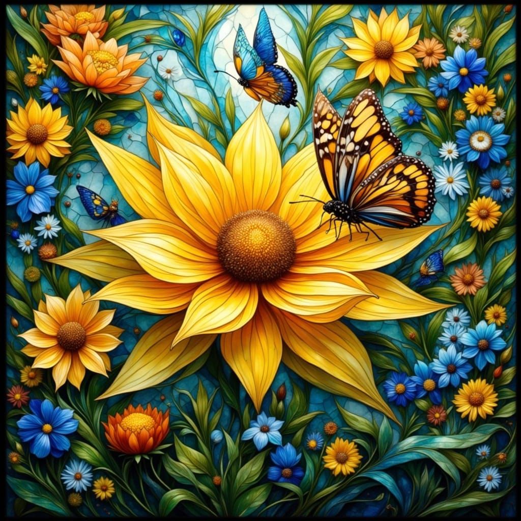 Stained Glass Art Nouveau Yellow Flower and Butterfly
