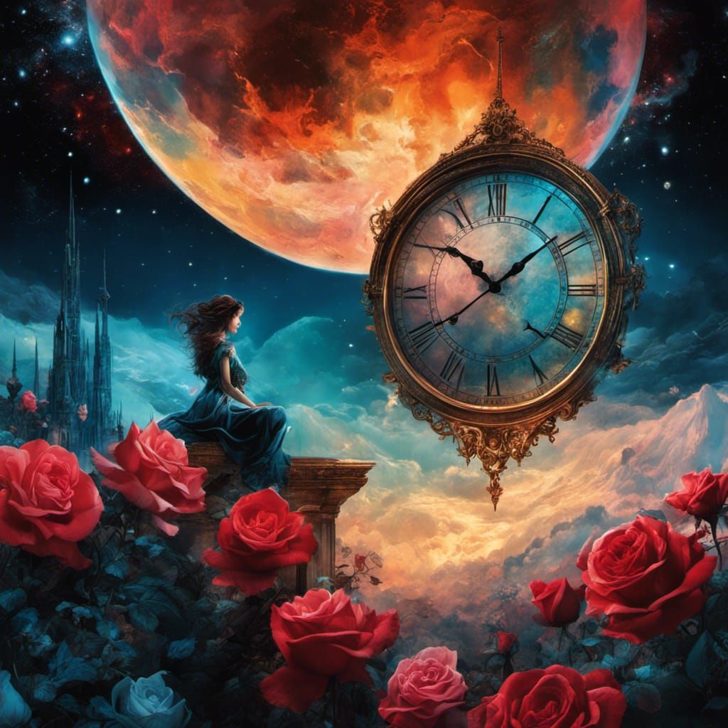 Night Clock Surrounded by Roses in Digital Art