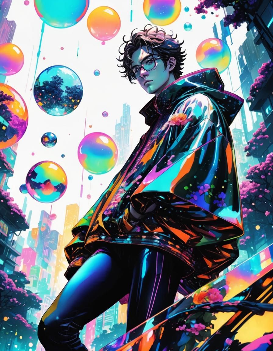 Futuristic Manga Artwork: Mysterious Man in Iridescent Garde...