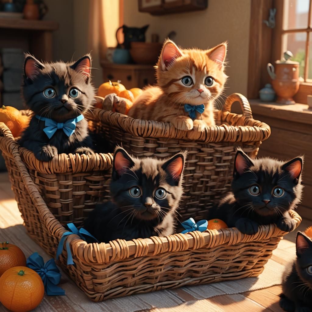 Adorable Kittens in Basket: Pixar-Inspired 3D Animation