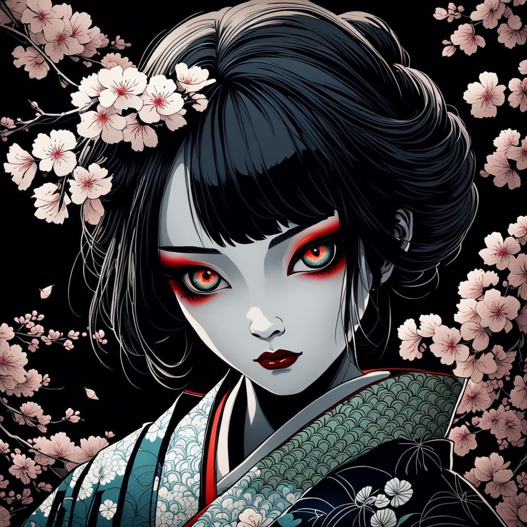 Gothic Ukiyo-e: Geisha with Cherry Blossom