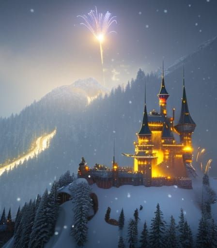 Fantasy Castle Fireworks on Snowy Christmas Night