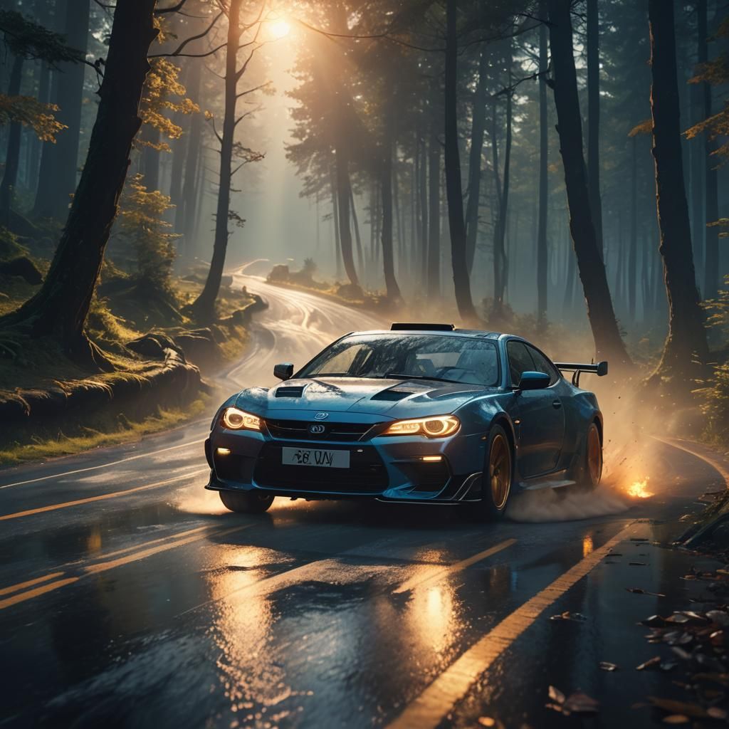 Mystical Forest Car Drift: Fantasy Matte Painting